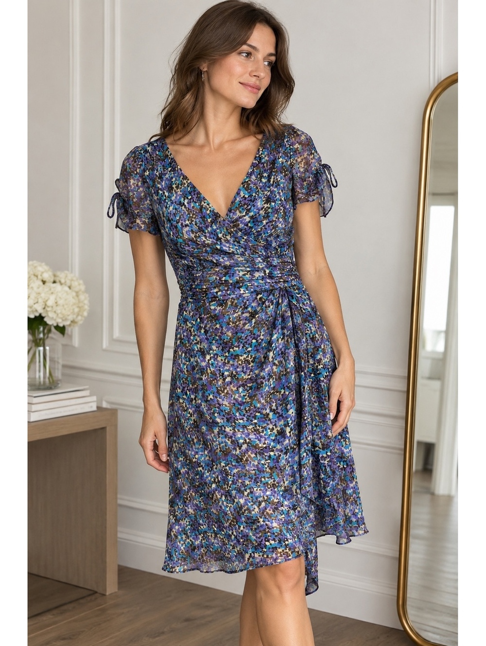David Meister 100% Silk Blue Purple Abstract Print Ruched Cocktail Dress Size 4